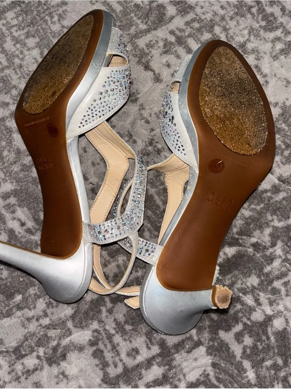 Alex Marie Silver Crystal Embellished T-Strap Heels
